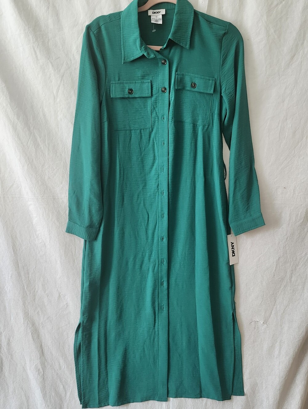 DKNY Women's Long Sleeve Collared Button Front Shirtdress In Emerald Green Sz 2
